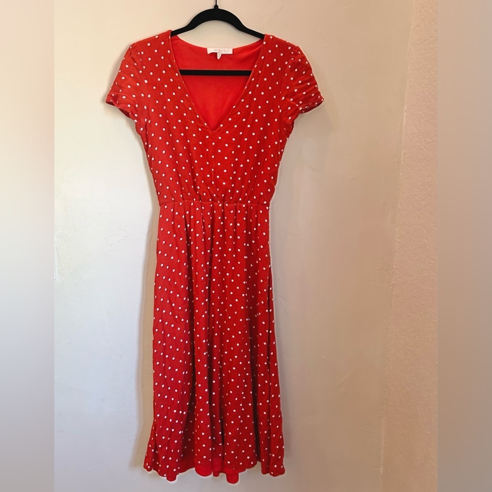 WAYF Red Orange Polka Dot Midi Dress Size M